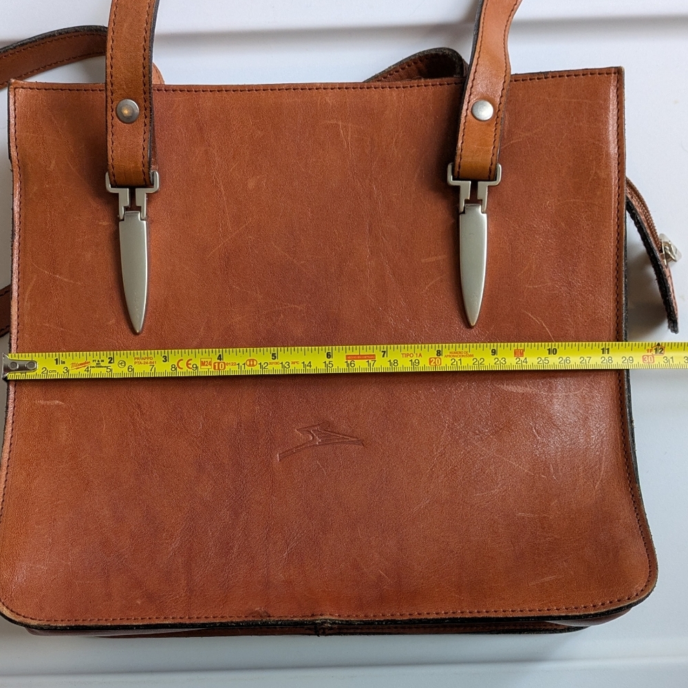 Leather Purse, Classic Brown Shoulder Bag w/ Pockets, Straps, Metallic Accents - Picture 10 of 13